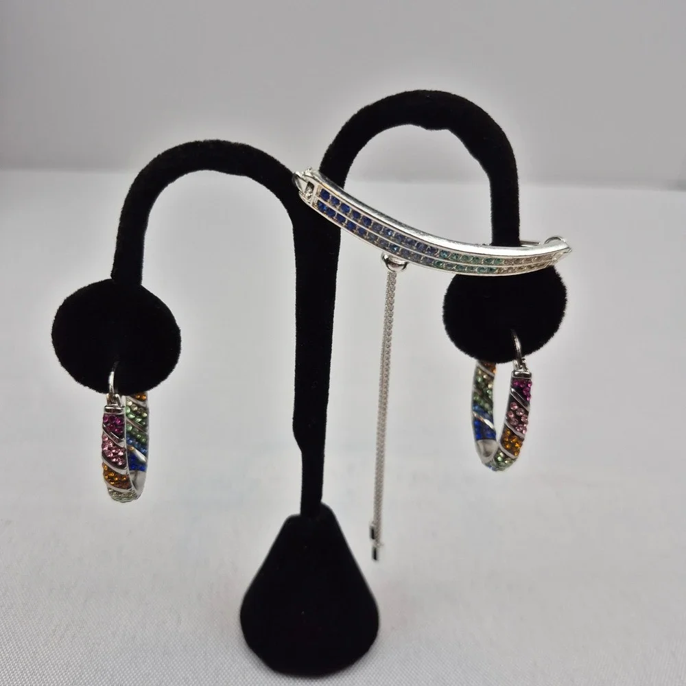 Rainbow CZ Hoop Earrings Set with Adjustable‎ Bolo Bracelet Pride Sparkly Glam